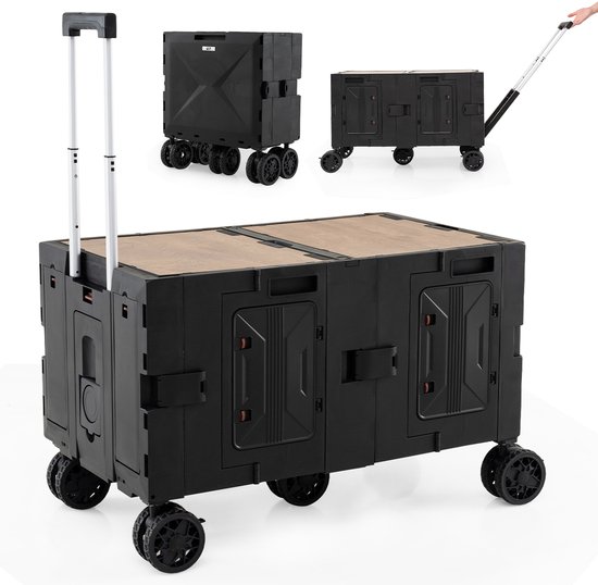 COSTWAY Bolderkar, opvouwbaar, handwagen met tafelblad, 2 opbergkisten, verstelbare handgreep en bekerhouders, 150 l, tuinwagen tot 60 kg belastbaar, transportwagen voor camping (zwart) van Costway
