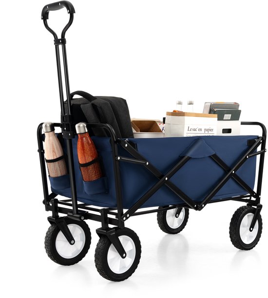 COSTWAY Bolderkar, opvouwbaar, handwagen met verstelbare handgreep en bekerhouders, tuinwagen, belastbaar tot 68 kg, transportwagen voor winkelen, kamperen, marineblauw van Costway
