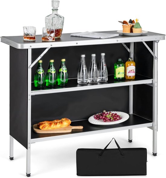 COSTWAY Campingkast, opvouwbaar, draagbare campingkeuken met 2 verdiepingen, aluminium vouwkast incl. draagtas, voor picknick, barbecue, feestjes, 110 x 38 x 88 cm (zwart) van Merkloos