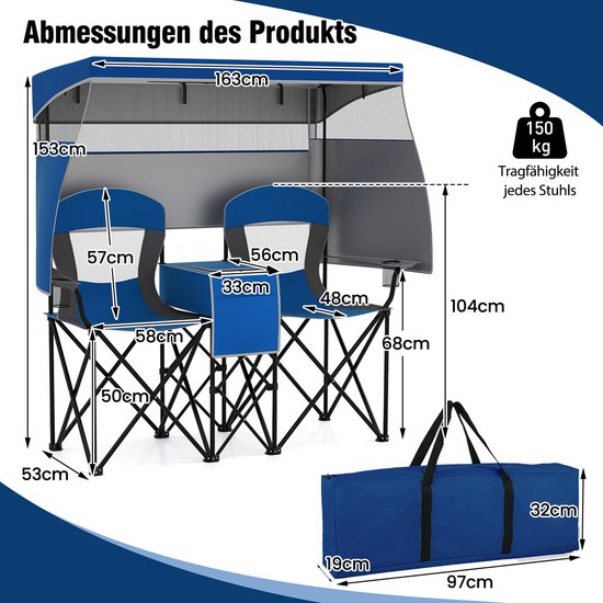 COSTWAY Campingstoel met verstelbare zonwering, klapstoel met koeltas en bekerhouder, opvouwbare visstoel voor 2 personen, vouwstoel met draagtas, voor camping, sport, vissen (marineblauw)