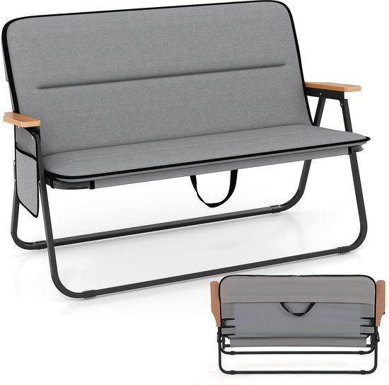 COSTWAY Campingstoel voor 2 personen, klapstoel met afneembaar kussen, zijzak en armleuningen, 300 kg draagvermogen, inklapbare campingbank, vouwbank voor buiten, tuin, camping, grijs