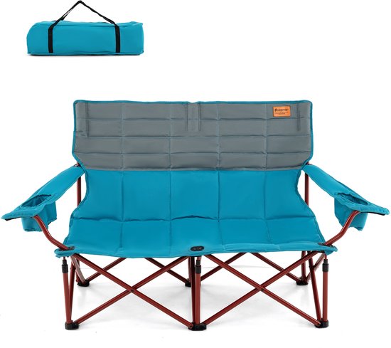 COSTWAY Campingstoel voor 2 personen, klapstoel met verstelbare armleuningen, bekerhouders en draagtas, 272 kg draagvermogen, campingbank, inklapbaar, vouwbank, visstoel voor camping, picknick, blauw van Costway