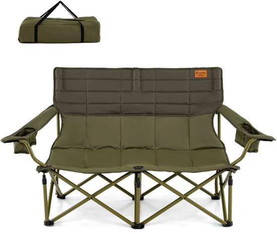 COSTWAY Campingstoel voor 2 personen, klapstoel met verstelbare armleuningen, bekerhouders en draagtas, 272 kg draagvermogen, campingbank, inklapbaar, vouwbank, visstoel voor camping, picknick, groen