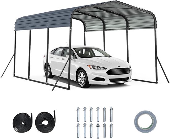 COSTWAY Carport Tentgarage 440 x 300 cm, waterdichte garagetent met metalen frame en 4 extra schuine poten, grote opbergtent, partytent voor auto, SUV, vrachtwagen, boot van Merkloos