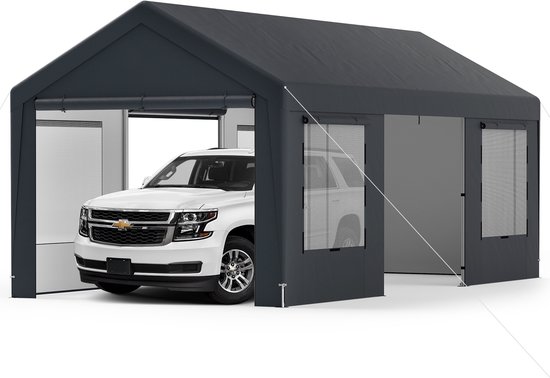 COSTWAY Carport Tentgarage, 595 x 300 cm, garagetent met 8 afneembare zijwanden, roldeuren en geventileerde ramen, weidetent, opslagtent, garageoverkapping voor auto, SUV, vrachtwagen, boot van Merkloos