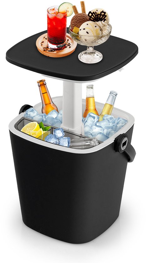 COSTWAY Cool Bar Draagbare bijzettafel met optilbaar tafelblad, 15 liter, koelbox met flesopener en afneembare plank, weerbestendige bierkoeler incl. ijstang, voor terras, feest, BBQ's (zwart) van Merkloos