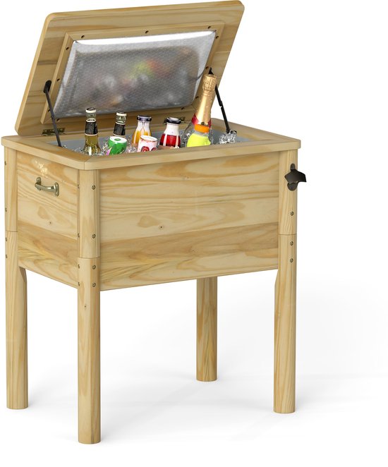 COSTWAY Drankkoeler, hout, 51 liter, outdoor terraskoeler met 3 handgrepen en flesopener, rustieke ijskast met afvoersluiting voor tuin, terras, zwembad, party, BBQ, cookouts, 67 x 47 x 74 cm van Merkloos