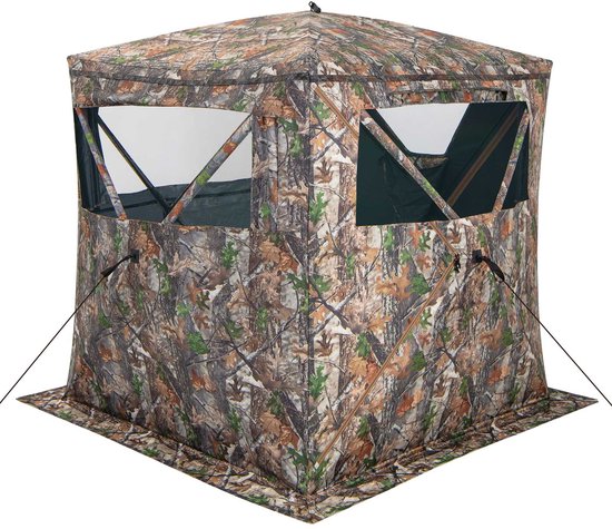 COSTWAY Eenzijdig doorzichtige 270° jachttent, pop-up schuilplaats voor 2-3 personen, met geruisloos schuiframen en draagtas, jachtverstopplaats voor de jacht op herten en kalkoen, camouflage van Costway