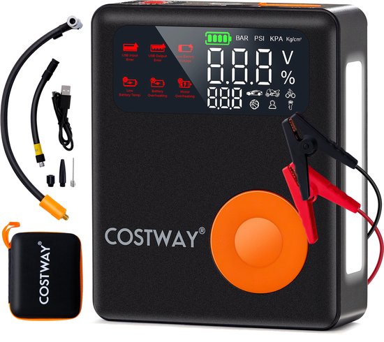COSTWAY Elektrische luchtpomp, 12 V 2000 A fietspomp, 150 psi accucompressor, mini-bandenpomp met digitaal display en led-scherm, draagbare luchtcompressor voor auto, fiets, motorfiets, bal van COSTWAY