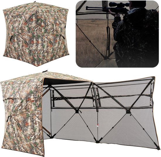 COSTWAY Jachtverstopplaats voor 2-3 personen, 360° doorzichtige jachttent voor de jacht op herten en wilde zwijnen, opklapbare camouflagetent met draagtas en volledig te openen deur van Costway