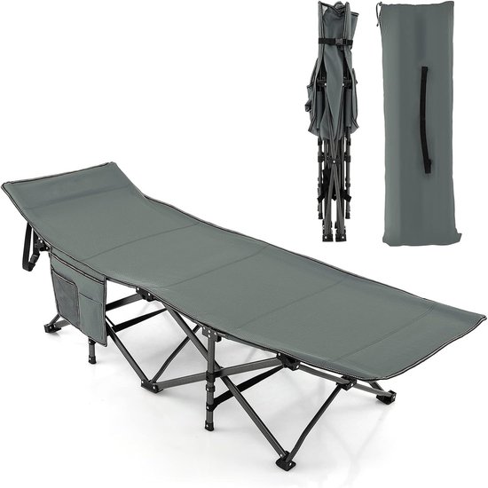 COSTWAY Kampeerbed- veldbed-veldbedden 1 persoon-Tot 272 kg- Oxford-stof- opvouwbaar met draagtas- Hoofdsteun omhoog-Strand- Thuis- Kantoor-190×67×54cm, Grijs van Costway