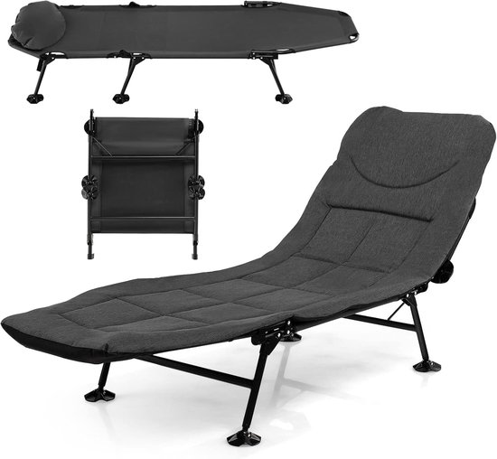 COSTWAY Karperligstoel met afneembaar matras en 6-voudig verstelbare rugleuning, inklapbaar veldbed tot 200 kg belastbaar, campingstoel, visligstoel, campingbed, 194 x 66 x 29 cm (grijs)