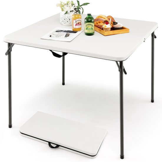 COSTWAY Klaptafel, vierkant, 86 x 86 cm, campingtafel, inklapbaar, tuintafel met HDPE-tafelblad en draaggreep, balkontafel voor 4 personen, draagbare eettafel voor keuken, tuin, camping, wit