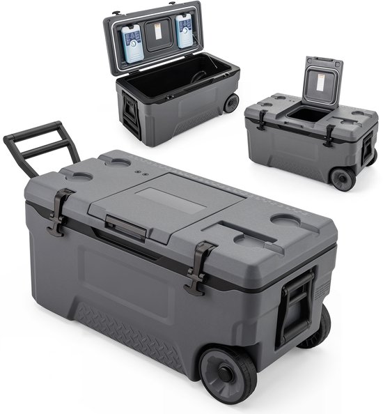 COSTWAY Koelbox, grote thermobox van kunststof met wielen en handgreep, isolatiebox met afvoerstop, bekerhouder en veiligheidssluiting, draagbare koelkast voor camping en picknick
