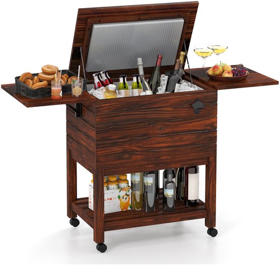 COSTWAY Koelwagen, drankwagen met 2 zijplanken, flesopener, onderste plank, serveerwagen van hout, bijzetwagen, koelbox, drankkoeler, ijswagen voor feest, BBQ van Merkloos