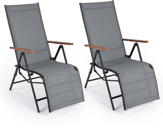 COSTWAY Ligstoel, inklapbaar, set van 2, ligstoel met verstelbare rugleuning, weerbestendige tuinligstoel, klapstoel tot 150 kg belastbaar, relaxstoel voor tuin, balkon, terras (grijs) van Costway