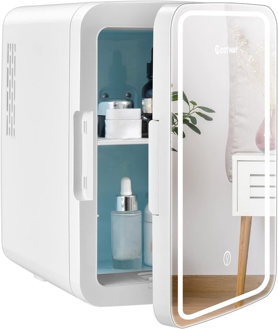 COSTWAY Mini koelkast, 10 L Draagbare AC / DC schoonheid koelkast met LED-spiegel, afneembare planken voor huidverzorging, make-up, drank, Compacte koelkast, Thermo-elektrische koeler / verwarming voor auto, slaapkamer