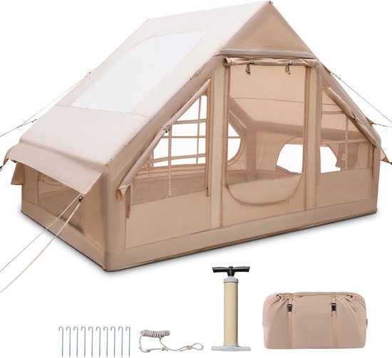 COSTWAY Opblaasbare tent voor 2-4 personen, luchttent met dakraam, 2 deuren en muggenramen, campingtent met luchtpomp, draagtas en waterdichte Oxford-stof, outdoor tent voor camping van Costway