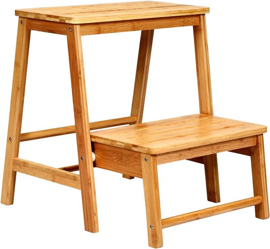 COSTWAY Opstapkruk met 2 treden, inklapbaar, tot 100 kg belastbaar, 48 cm hoog, trapstoel van bamboe, huishoudladder, naturel, krukladder voor bibliotheken of thuis van Costway