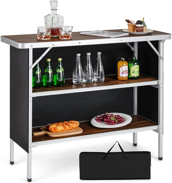 COSTWAY Opvouwbare Campingtafel, Aluminium Draagbare Picknicktafel met 2 verdiepingen Open Planken, Draagbare vouwtafel voor buitengebruik (Koffie)