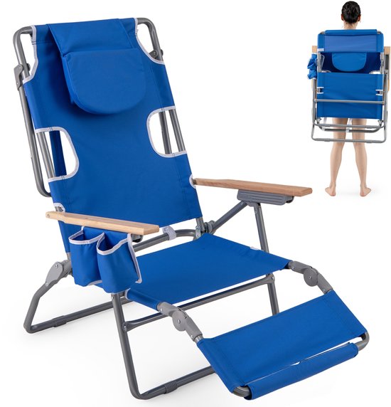 COSTWAY Opvouwbare strandstoel, campingstoel met voeteneinde, verstelbare rugleuning, hoofdsteun, gat voor hoofd en armen, bekerhouder, klapstoel met ligfunctie (marineblauw) van Merkloos