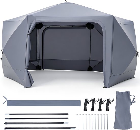 COSTWAY Pop-up paviljoen, 427 x 427 cm, tuinpaviljoen voor 10-12 personen | Partytent met 6 zijdelen en muggennetten, campingtent met draagbare roltas, voor tuin, terras en camping