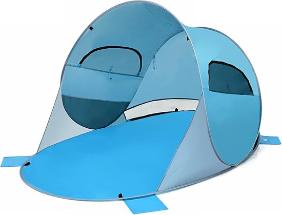 COSTWAY Pop-up strandschelptent voor 3-4 personen, zonwering, werptent met draagtas, 2 netramen en 4 zandzakken, automatisch, voor strand, tuin, camping, blauw van Costway