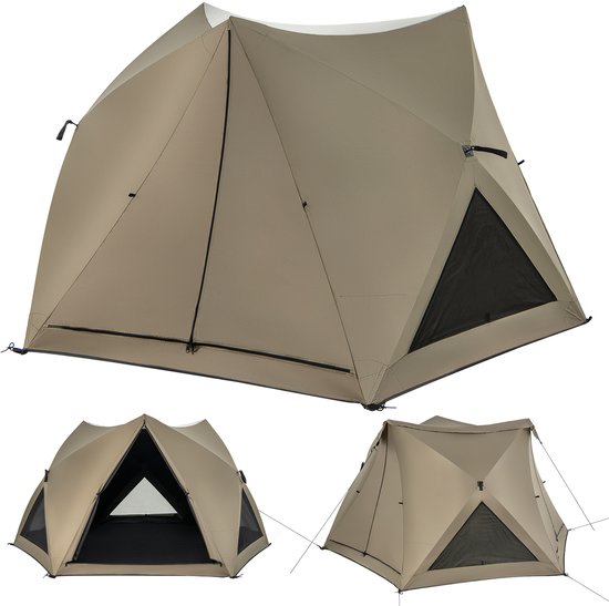 COSTWAY Pop-up tent voor 4-6 personen, campingtent met overkapping, dakraam, 3 deuren, 3 ramen en grondzeil, waterdicht, familietent voor trekking, camping van Costway