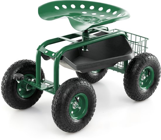 COSTWAY Rolzitje met wielen, 360 graden draaibaar, in hoogte verstelbaar, mobiele tuinstoel met plank, mand en stuurgreep, outdoor tuinkruk, tot 150 kg, brede banden, tuinrolzitje, metaal, groen van Costway