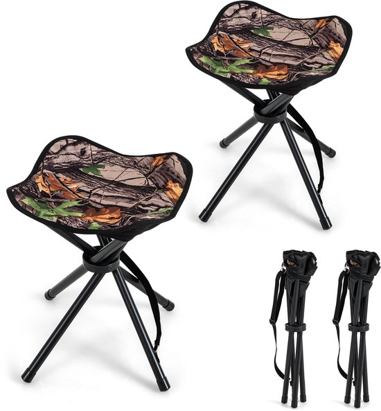 COSTWAY Set van 2 klapkrukken, campingkruk, opvouwbaar, licht, driepootkruk met schouderriem, draagbare campingkruk, belastbaar tot 150 kg, viskruk voor kamperen, wandelen, jagen, vissen, reizen van Merkloos