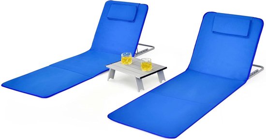 COSTWAY Set van 2 strandmatten met bijzettafel, hoofdkussen en opbergvak, ligmat met verstelbare rugleuning, opvouwbare zonmat, licht, draagbaar, strandstoel voor het strand (blauw)