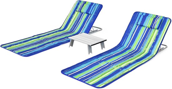 COSTWAY Set van 2 strandmatten met bijzettafel, hoofdkussen en opbergvak, ligmat met verstelbare rugleuning, opvouwbare zonmat, licht, draagbaar, strandstoel voor het strand (groen) van Costway