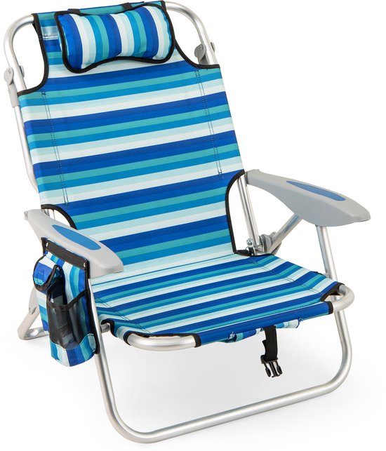 COSTWAY Strandstoel, inklapbaar, licht, campingstoel met verstelbare rugleuning, hoofdsteun, zijzakken, koeltas, schouderbanden en armleuningen, klapstoel, outdoorstoel (1 stoel)