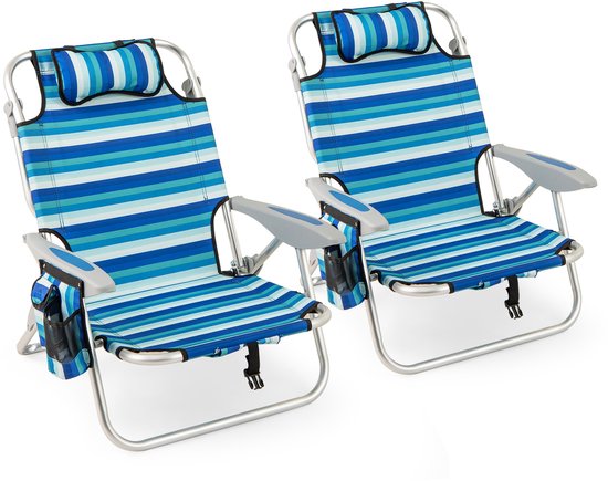 COSTWAY Strandstoel, inklapbaar, licht, campingstoel met verstelbare rugleuning, hoofdsteun, zijzakken, koeltas, schouderbanden en armleuningen, klapstoel, outdoorstoel (2 stoelen)