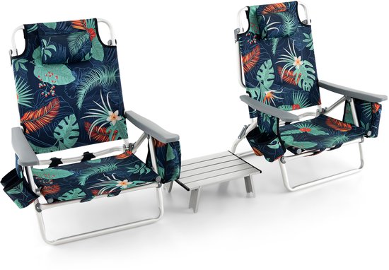 COSTWAY Strandstoelen en tafelset, inklapbare campingstoelen met verstelbare rugleuning, hoofdsteun, zijzakken, ijszakken, schouderbanden en armleuningen, lichte klapstoelen