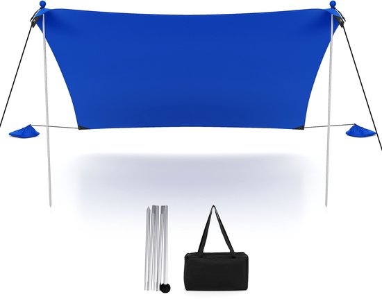 COSTWAY Strandtent 300 x 300 cm, UPF 50+, zonnetent met zandankers, zandzakken en 2 steunstangen, draagbare zonwering, zonnedak voor strand, vissen, picknick (blauw) van COSTWAY