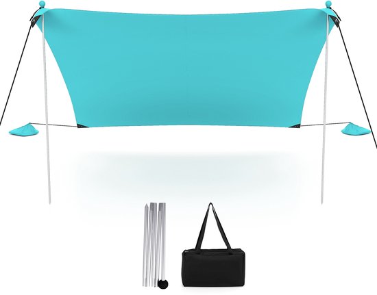 COSTWAY Strandtent 300 x 300 cm, UPF 50+, zonnetent met zandankers, zandzakken en 2 steunstangen, draagbare zonwering, zonnedak voor strand, vissen, picknick, turquoise van Costway