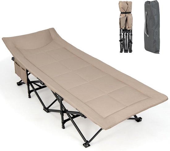 COSTWAY Veldbed met comfortabele katoenen vulling, geïntegreerd kussen en matras, inklapbaar campingbed tot 200 kg belastbaar, klapbed met zijzak, campingbed met draagtas, logeerbed van COSTWAY