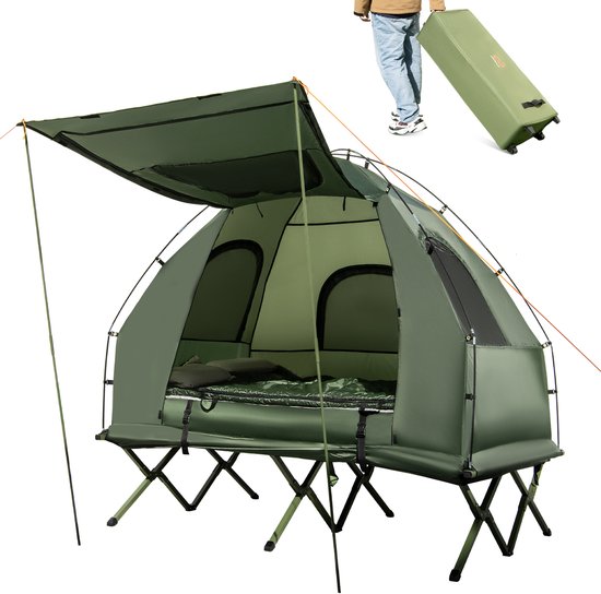 COSTWAY Veldbed met tent voor 2 personen, campingbed met voortent, luchtmatras, slaapzak en 2 kussens, campingligstoel met draagtas op wielen, 194 x 145 x 187 cm