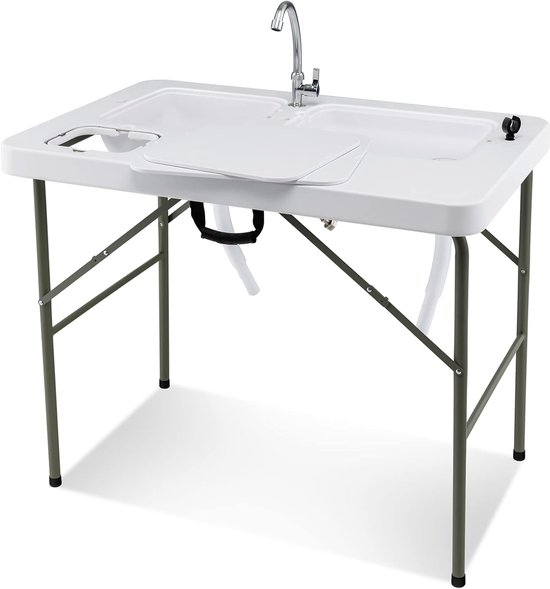 COSTWAY Visreinigingtafel, inklapbare filetietafel met 2 ingebouwde spoelbakken, 360° draaibare kraan en meetschaal, draagbare campingtafel voor kamperen, vissen, grillen