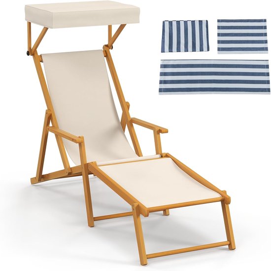 COSTWAY Zonneligstoel met dak, inklapbare ligstoel met verstelbare rugleuning, houten ligstoel, terrasstoel, strandstoel met reserveonderdelen voor tuin, strand, zwembad van Costway