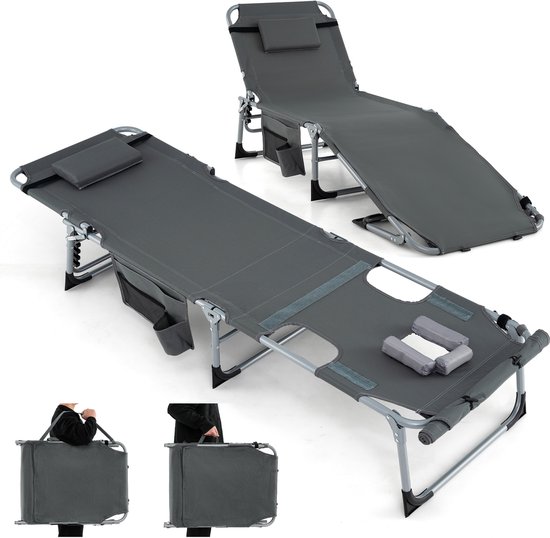 COSTWAY Zonneligstoel met gezichtsopening, opvouwbare ligstoel met verstelbare rugleuning en voetensteun, afneembaar kussen, zijzak, ligstoel voor strand, tuin, balkon, grijs van COSTWAY