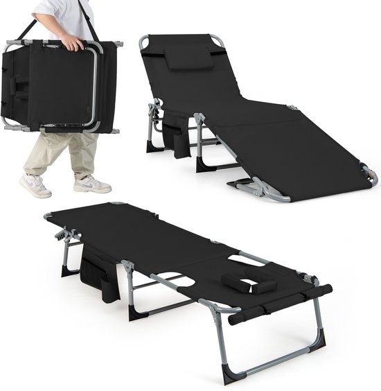COSTWAY Zonneligstoel met gezichtsopening, opvouwbare ligstoel met verstelbare rugleuning en voetensteun, afneembaar kussen, zijzak, ligstoel voor strand, tuin, balkon, zwart van Merkloos