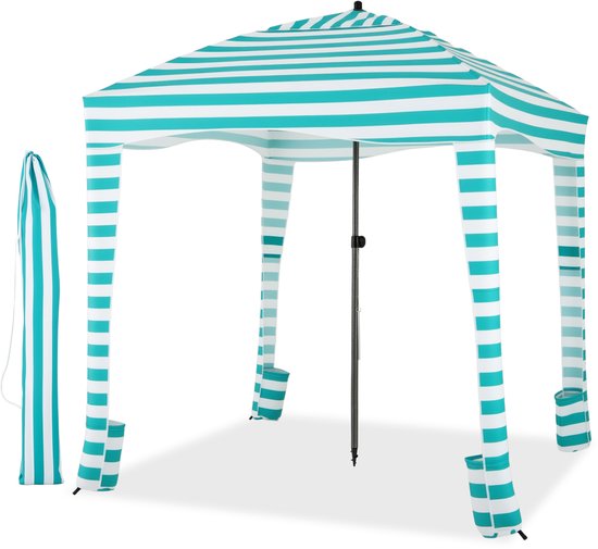 COSTWAY Zonwering met afneembare zijwand en 8 zandzakken, draagbare strandtent met draagtas, outdoor-schaduw voor strand, camping, picknick, 183 x 183 cm (wit-groen) van Merkloos