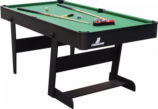 Cougar Hustle L opklapbare Pooltafel in Zwart - 5ft. Poolbiljart tafel inclusief één set poolballen, triangel, 2 keuen, biljartkrijt en borstel - 153x76x79cm van Cougar