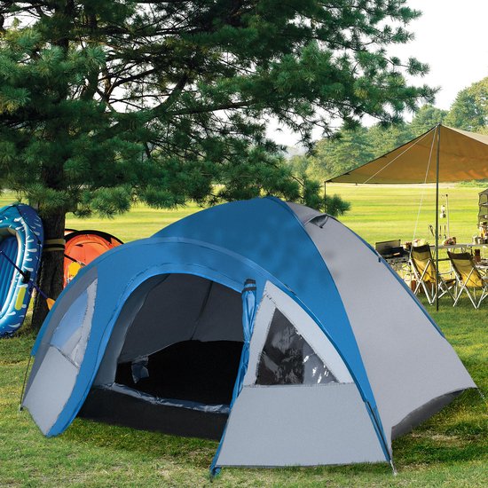 COVREO Koepeltent 300 x 250 x 130 cm blauw polyester, 4 personen, met voorruimte