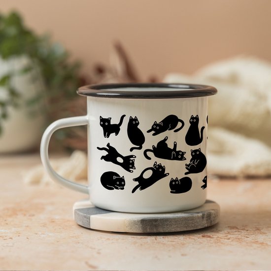 Creasowl® Zwarte Kattenmok Enamel - Stijlvolle Mok met Kattenprint - Duurzaam en Lichtgewicht - Perfect voor Koffie en Thee