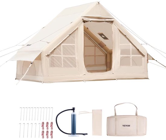 CreateEcom Tent - Opblaasbare tent - Kampeertent - Voor 3-5 Personen - Snel Op Te Zetten met Handpomp - 4 Seizoenentent Van 300d Oxford Stof met Ovenaansluiting - Inclusief opbergtas - 300 x 200 x 200 cm