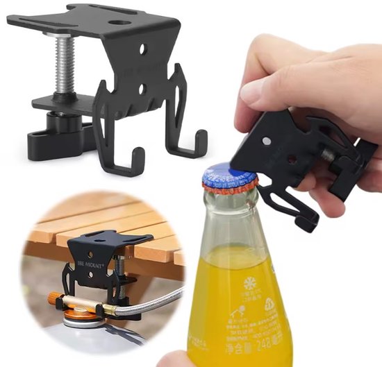 Crestone Multifunctionele Tafelklem voor Kamperen - Gasfles Houder - Gas Cannister Table Holder - Flessenopener & Ophanghaken - Multitool - Outdoor & Camping Accessoires - Gasfles Veiligheid