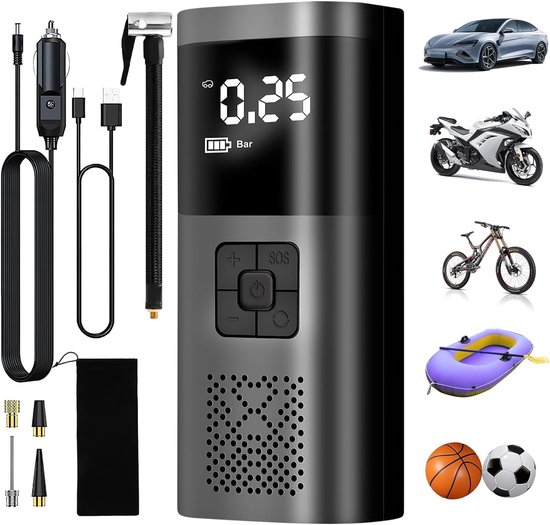 Cuhostki - Elektrische luchtpomp - Elektrische fietsluchtpomp draagbare luchtpomp - Draagbare elektrische autoluchtpomp - Zwart - Draagbaar - Afzonderlijk luchtmondstuk - Met sigarettenaansteker - Geschikt voor auto's, fietsen, motoren, golfbanen van Merkloos